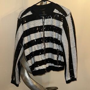 Ashley Stewart Black and White Sequin Striped Jacket